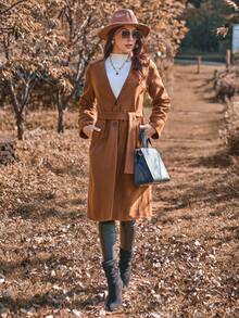 SHEIN Clasi 女式鈕扣式翻領腰帶羊毛外套 - 咖啡棕 - 查看 3