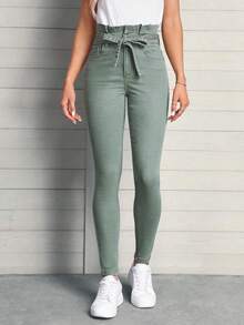 SHEIN Essnce Paperbag Waist Belted Skinny Jeans - Green - View 3