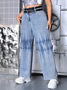 SHEIN ICON Talla grande Jeans de pierna recta mezclilla sin cinturón - Azul lavado medio - Ver 3