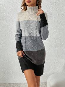 SHEIN LUNE Color Block Turtleneck Sweater Dress - Grey - View 6