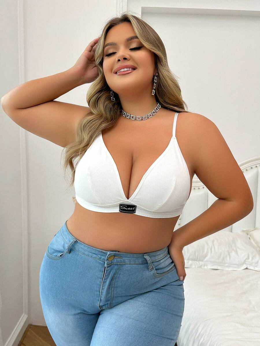 大尺碼女式純色文字拼接無縫內衣 - 白色 - 查看 1