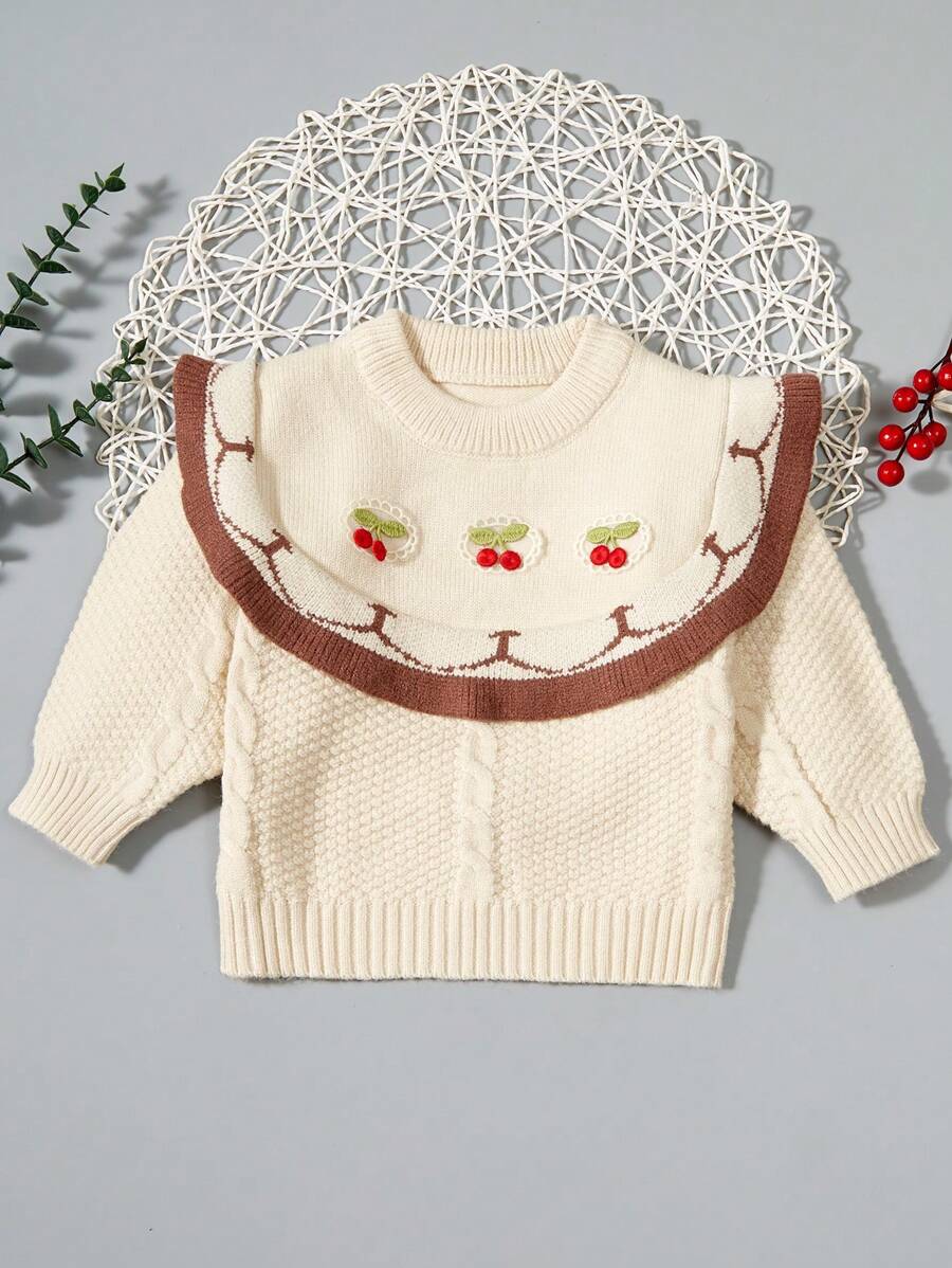 Baby Girl Cherry Pattern Ruffle Trim Sweater