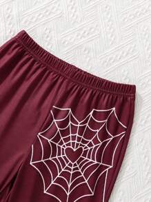 SHEIN Tween Girls' Halloween Spider Web Flared Pants - Burgundy - View 5