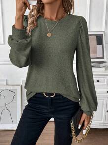 SHEIN LUNE 女款長袖肋紋t恤 - 軍綠色 - 查看 1