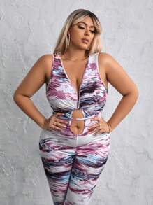 SHEIN SXY 大碼滿版印花鏤空彈力緊身連體褲 - 紫色 - 查看 6