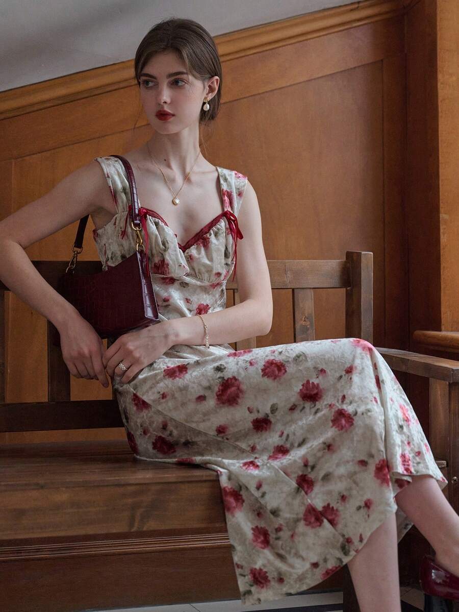 Simple Retro Polyester In Cổ vuông Trượt Dài Đầm - Màu Hoa hồng đỏ - Xem 1