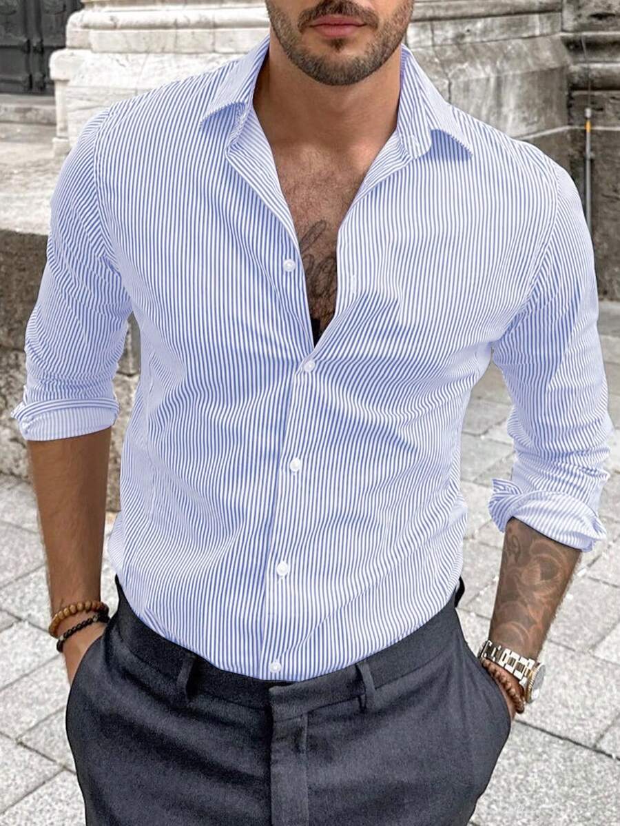 Manfinity Mode 男士条纹印花口袋贴布休闲长袖衬衫，适合送给男朋友的礼物，秋季 - 藍白色 - 查看 1