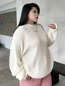 Dazy Petite Plus Women's Solid Color Round Neck Sweater - White - View 7