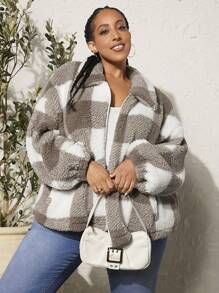 SHEIN CURVE+ 大碼大方格圖案落肩袖毛絨夾克 - 彩色 - 查看 4