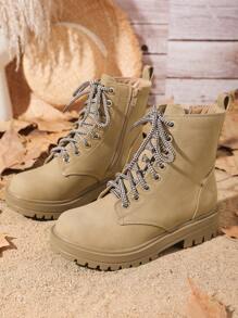 Khaki Motorcycle Boots With Buckled Straps, Fashionable Pu Leather Boots For Autumn And Winter Students' Wear