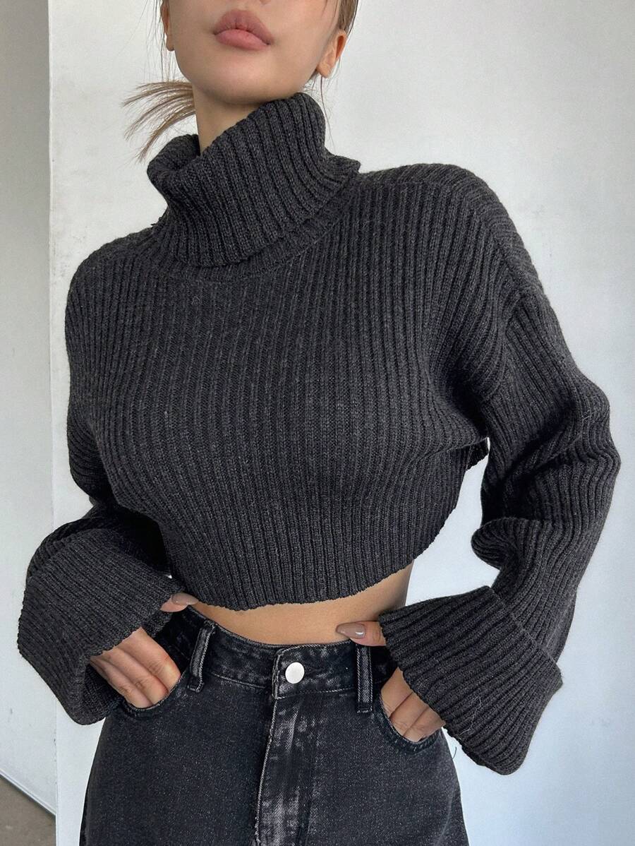 Dazy Star Cổ cao Thả vai Lỏng lẻo phù hợp Ngắn Áo len - Xám - Xem 1