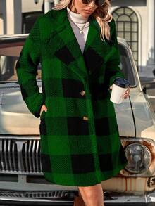 SHEIN Essnce 格紋印花西裝領落肩袖法蘭絨外套 - 墨綠色 - 查看 4