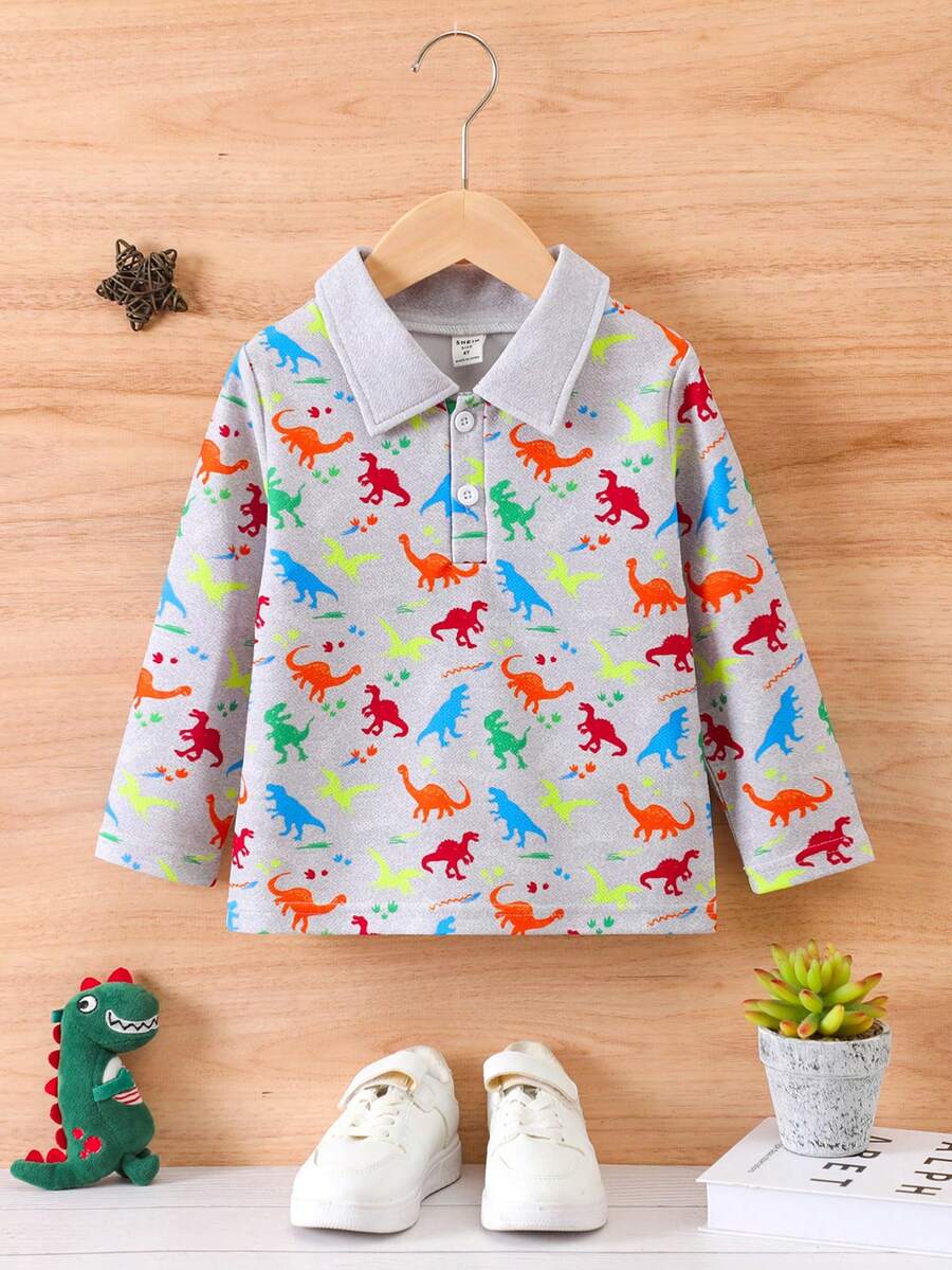 SHEIN 男童卡通恐龙图案 Polo 领 T 恤 - 彩色 - 查看 1