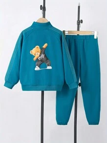 Tween Boy Bear Graphic Patchwork Side Insert Sleeve 2-Piece Jacket And Pants Set