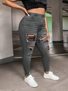 SHEIN SXY 大碼修身牛仔褲帶破洞細節 - 灰色 - 查看 3