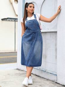 SHEIN EZwear Plus Size Denim Overall Dress - Medium Wash - View 3