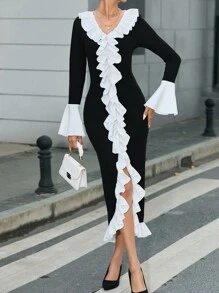 SHEIN Privé Vestido De Llamarada Y Contraste De Colores Con Borde De Hoja De Loto - Negro - Ver 3