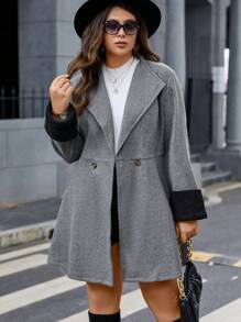 Calvaya Plus Size Woolen Coat With Fur Cuffs, Double Breasted And Large Turn-down Collar Design - Dark Grey - View 6