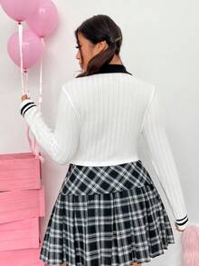 SHEIN EZwear Plus Letter Patched Striped Trim Tee - Black and White - View 3