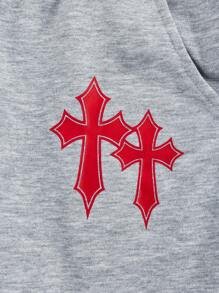 SHEIN EZwear Cross Print Drawstring Waist Flare Leg Sweatpants - Light Grey - View 3