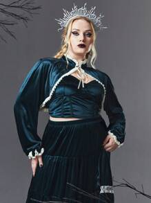 ROMWE Goth Hơn Lá sen tỉa Cà vạt Tay áo lồng đèn Siêu Crop Top - xanh quân đội - Xem 5