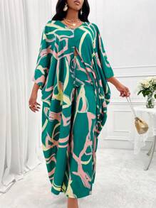SHEIN Lady Printed Dolman Sleeve Slit Top And Pants Two-piece Set - Green - View 5