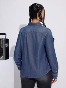 SHEIN EZwear Women's Denim Shirt Top - Medium Wash - View 2