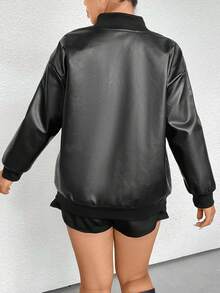 Flirla Plus Size Pu Casual Jacket - Black - View 3