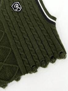 SHEIN Unity Kẻ sọc Quần skinny Áo vest Với Đường viền cổ chữ V Và Nút Khép kín , Phong cách Học viện Áo len - xanh quân đội - Xem 3