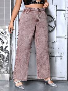 SHEIN ICON Kích thước lớn Màu thuần Denim Quần jean - Đỏ - Xem 3