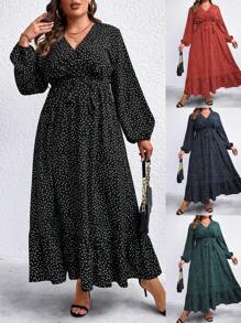 SHEIN LUNE 大尺碼女式圓點腰帶連身裙 - 黑色 - 查看 1