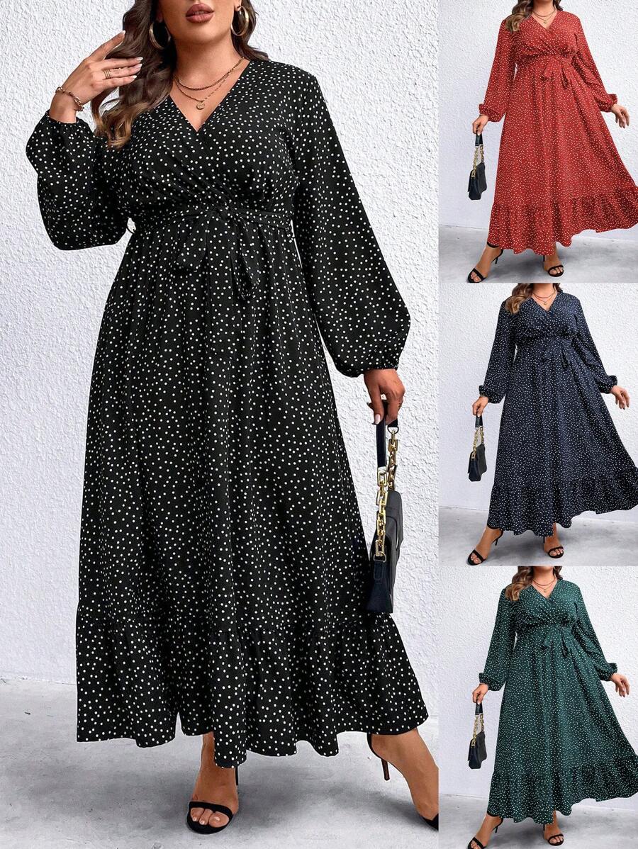 SHEIN LUNE 大尺碼女式圓點腰帶連身裙 - 黑色 - 查看 1