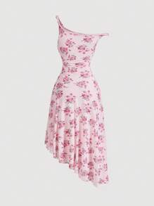 SHEIN MOD Floral Print Asymmetrical Neck Ruffle Hem Dress - Pink - View 2