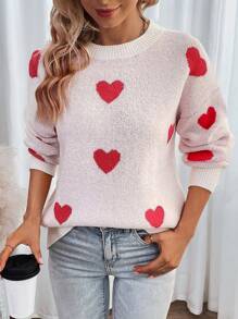 SHEIN LUNE Heart Pattern Drop Shoulder Sweater - White - View 3