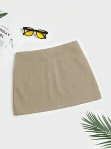 SHEIN EZwear 净色直筒裙 - 卡其色 - 查看 2