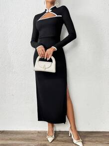 SHEIN Privé Figurbetontes Kleid mit Kontrastsaum, Ausschnitt vorne, - Schwarz und Weiss - Übersicht 6