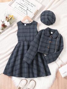 Tween Girl Plaid Print Dress & Jacket & Hat