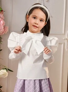 SHEIN 女童合身學院風衬衫,羊腿袖設計並飾有大蝴蝶結 - 白色 - 查看 4