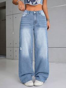 SHEIN EZwear Women's Wide Leg Denim Jeans - Light Wash - View 1