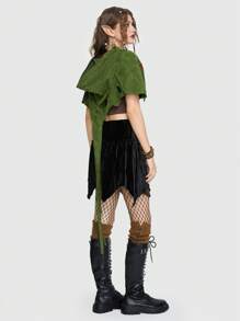 ROMWE Fairycore 葉子刺繡短款服飾連帽披肩 - 軍綠色 - 查看 3