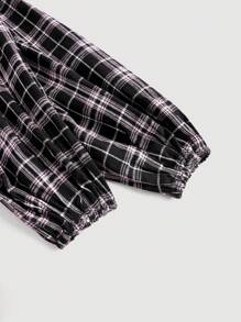 SHEIN MOD Plaid Print Bow Front Lantern Sleeve Dress - Brown - View 3