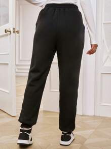 Chiquease Solid Thermal Lined Elastic Waist Sweatpants - Black - View 2
