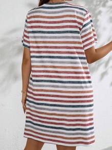SHEIN LUNE Plus Size Women's Striped T-Shirt Dress For Summer - Multicolor - View 2