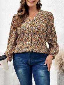 SHEIN LUNE 大碼花卉印花燈籠袖v領襯衫 - 彩色 - 查看 5