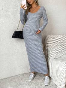 SHEIN Thai sản Scoop Cổ Đồ đan Ribbed Váy bodycon - Màu Xám nhạt - Xem 6