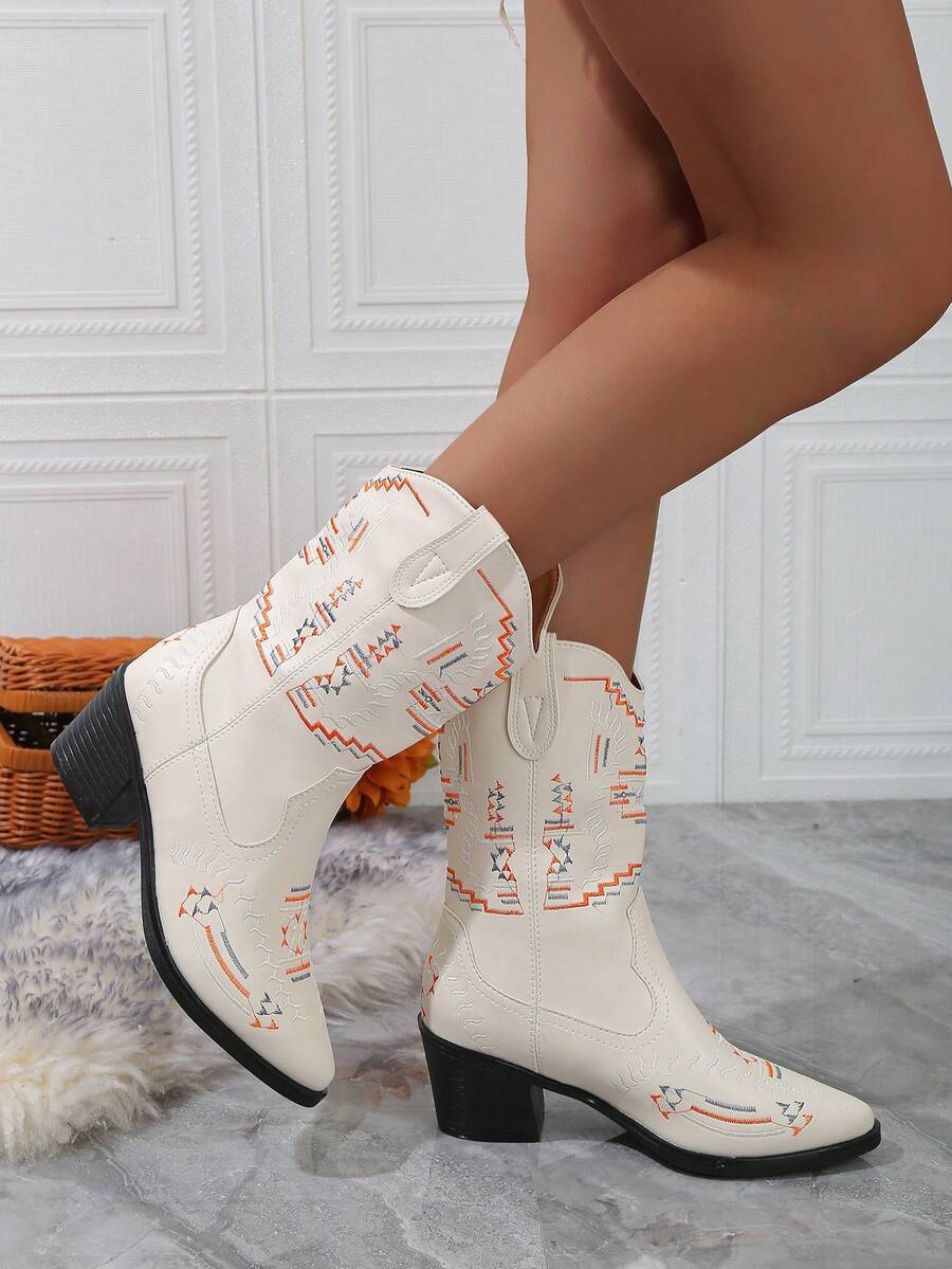 女性時尚馬靴&復古西部牛仔風格中跟尖頭短靴,刺繡復古中間抹胸騎士靴子 - 米色 - 查看 1