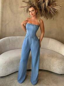 SHEIN SXY 女式無肩帶牛仔工人褲連身褲 - 中等水洗藍 - 查看 3