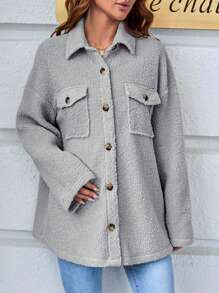 SHEIN Maternity Drop Shoulder Flap Pocket Teddy Coat, For Winter - Grey - View 3