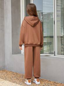 SHEIN Tween Girls' Knit Loose Fit Cardigan With Letter Pattern And Wide Leg Knit Pants Set - Brown - View 2