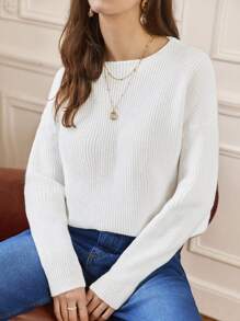 SHEIN Frenchy Solid Color Drop Shoulder Sweater Winter White Casual - White - View 1
